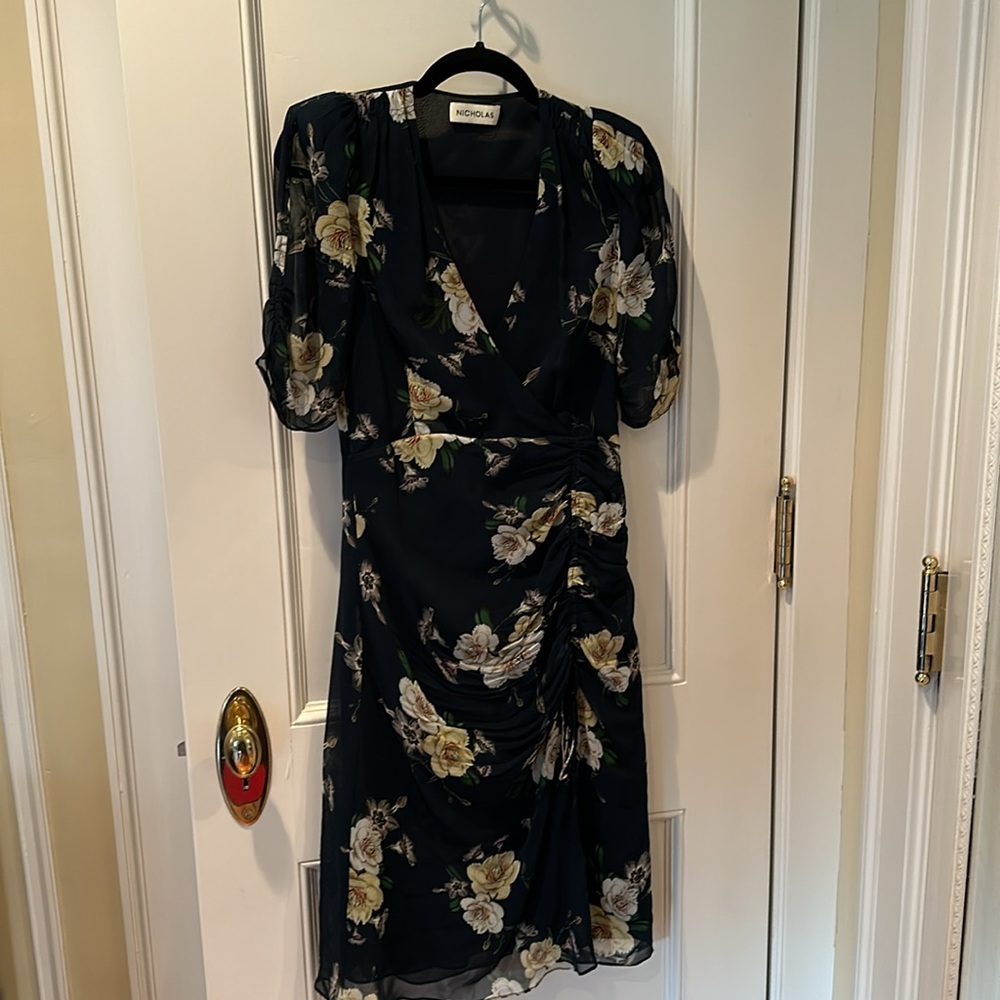 NICHOLAS Tea dress in sapphire multi size 6